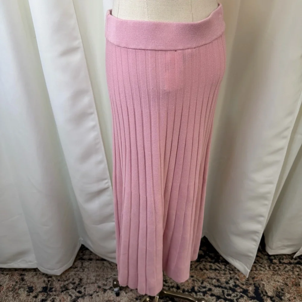 NWT Saks Fifth Avenue Pink Stretch Knit Wide Ribbed Midi Skirt w/ Slit Size S